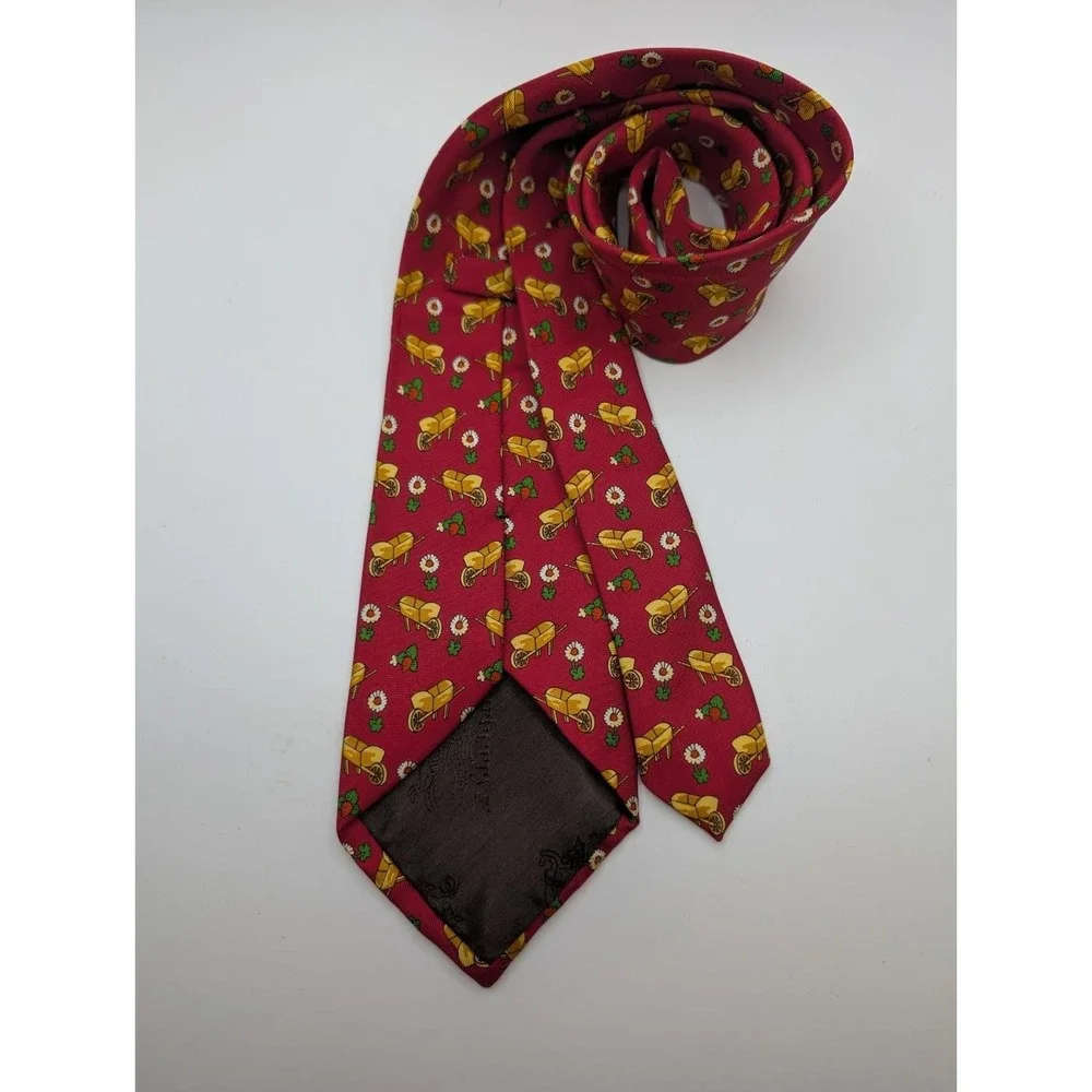 Vtg Burberry 100% Silk Tie Burgundy Gold Wheelbarrows Daisy Garden England Retro